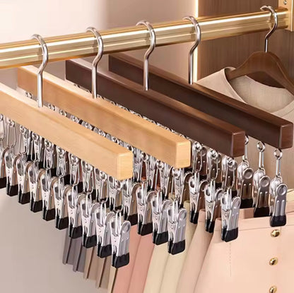 12 Clips Hanging Closet Organizer, Wooden Clip Pants Hanger, Anti Slip Clip Hanger Rack, Heavy Duty Clothes Clip Hanger