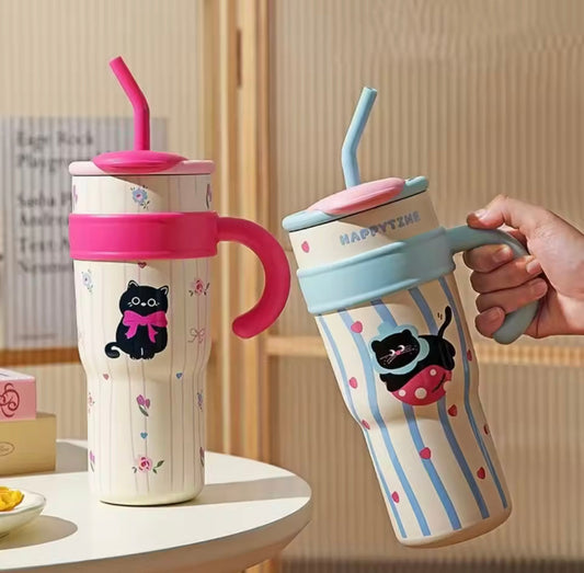 1200ml Cute Stainless Steel Tumbler With Straw, Cute Thermos Water Bottle, Outdoor Coffee Travel Mug