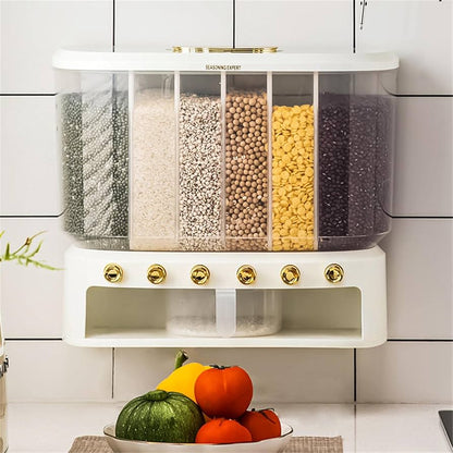10KG Wall Mounted Cereal Dispenser, Large 6 Compartment Cereal Dispenser, Rice Storage Dispenser