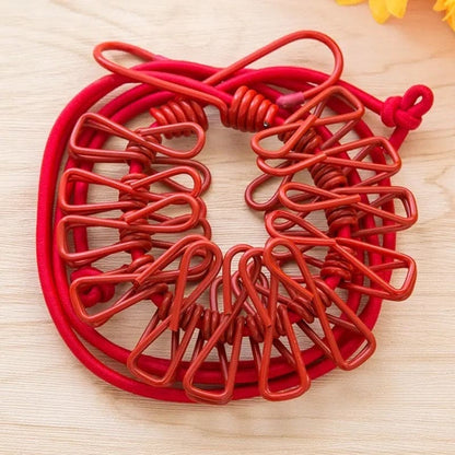 12 Clips Elastic Laundry Rope, Portable Multifunctional Drying Clips, Garden Windproof Clothesline With Clips, Portable Stretchable Line, Traveling Hanger Elastic Rope, Adjustable Laundry Clothesline, Windproof Stretch Drying Rack