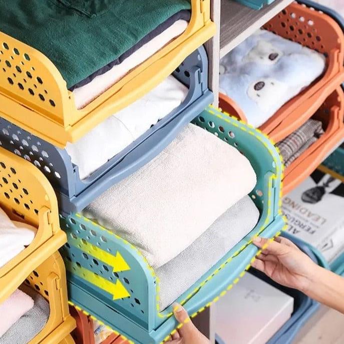 1 Pcs New Stacking Wardrobe, Foldable Clothes Storage Rack, Kitchen Gap Organizer Shelf, Toy Snack Book Storage Basket Closet Storage Bin, Wardrobe Shelf Drawer Organizer, Clothes Pants Drawer Separation Storage Box, Plastic Layered Storage Rack Yahan Sab Behtar Hai!