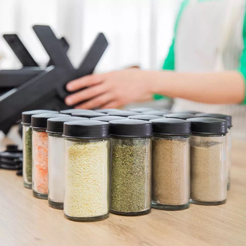 18 Pcs Spice Jar Set. Multifunctional Rotatory Seasoning Rack, Seasoning Bottle Holder, Ferris Wheel Spice Shelves, Rotating Glass Seasoning Rack, Revolving Countertop Spice Organizer, Kitchen 360 Rotating Spice Rack
