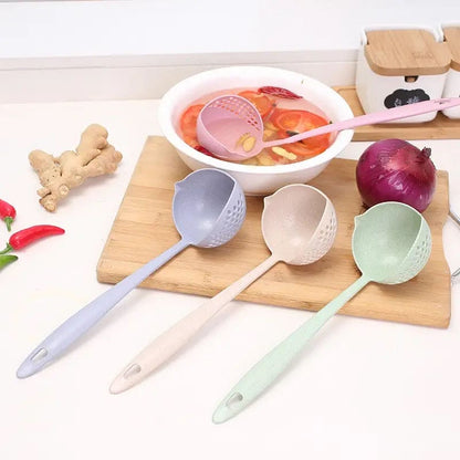 2 in 1 Soup Spoon Ladle, Long Handle Kitchen Strainer, Creative Multifunctional Soup Spoon & Colander, Wheat Kitchen Straw Soup Slotted Spoon, Plastic Spoon Filter Strainer, Household Kitchen Table wear Accessories