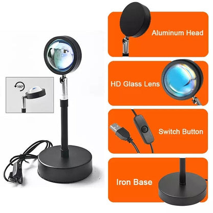 15 in 1 Rainbow Sunset Lamp, Led Projector Night Light, Rgb Controllable 360° Rotated Romantic Visual, Almunium Lens Sunset Projection Lamp, Wall Decoration USB Operate Rainbow Sunset Projector Lamp